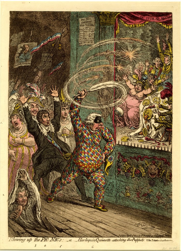 Blowing up the Pic Nic’s—or—Harlequin Quixotte attacking the Puppets. Vide Tottenham Street Pantomime