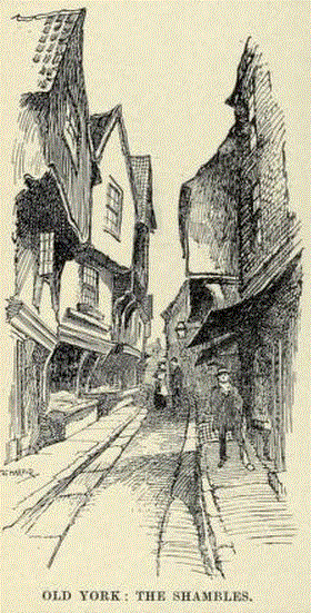 Old York - the Shambles - illustration by Charles G. Harper for his book The Great North Road, The Old Mail Road to Scotland, York to Edinburgh (1901)