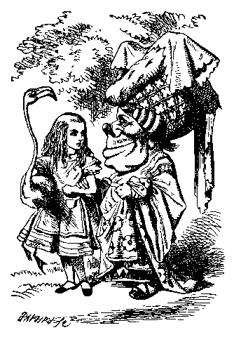 Alice (with flamingo) chats with the Duchess - illustration by John Tenniel