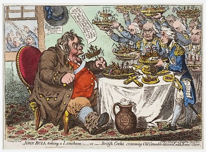 John Bull taking a Luncheon—or—British Cooks, cramming Old Grumble-Gizzard, with Bonne-Chère
