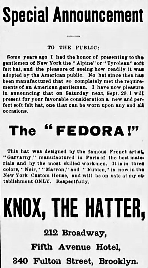 fedora (hat) - The Sun (N.Y.) - Wed. 26 Sept. 1883