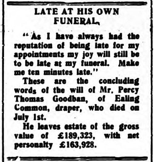 'late at his own funeral' - The Daily Echo (Northampton, Northamptonshire, England) - 8 September 1928