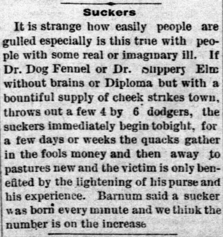 'sucker born every minute' Barnum - Neosho County Journal (Osage Mission, Kansas) - 6 June 1889