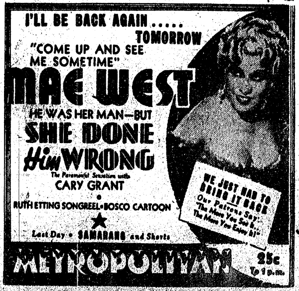 advertisement for She Done Him Wrong - The Evening Star (Washington, DC) - 3 August 1933