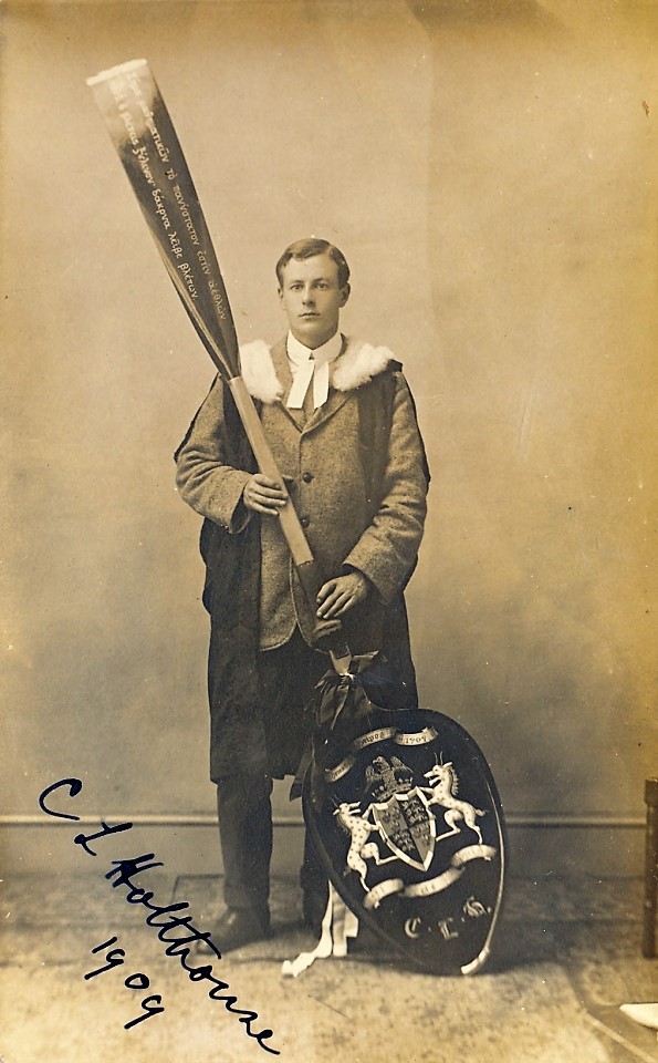 Cuthbert Holthouse with his wooden spoon in 1909