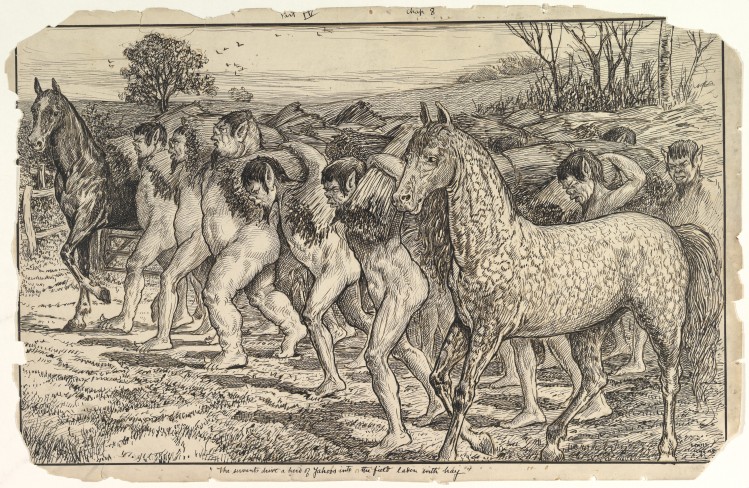 The servants drive a herd of Yahoos into the field laden with hay