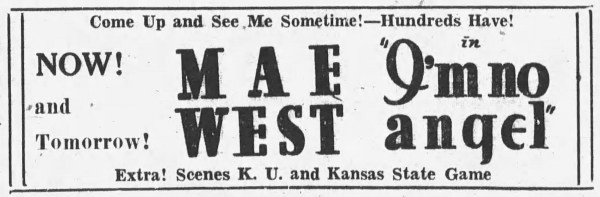 advertisement for 'I'm No Angel' - The Morning Chronicle (Manhattan, Kansas) - 3 November 1933