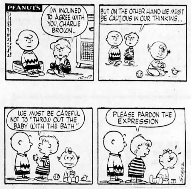 'throw out the baby with the bath' - Peanuts - Herald and News (Klamath Falls, Oregon) - 18 Oct. 1959