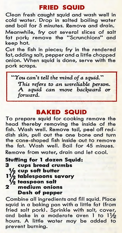 'you can't tell the mind of a squid' -A Treasury of Newfoundland Dishes (Newfoundland, Maple Leaf Milling Company Limited, 1958)